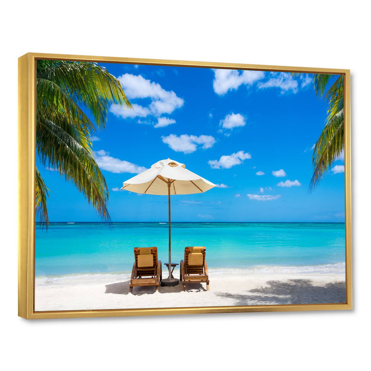 Designart - Turquoise Beach with Chairs - Seashore Photo Framed Canvas Print
